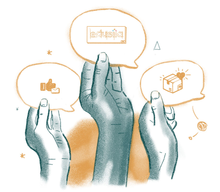 Illustration - drei Hände, die Sprechblasen mit unterstützenden Symbolen halten