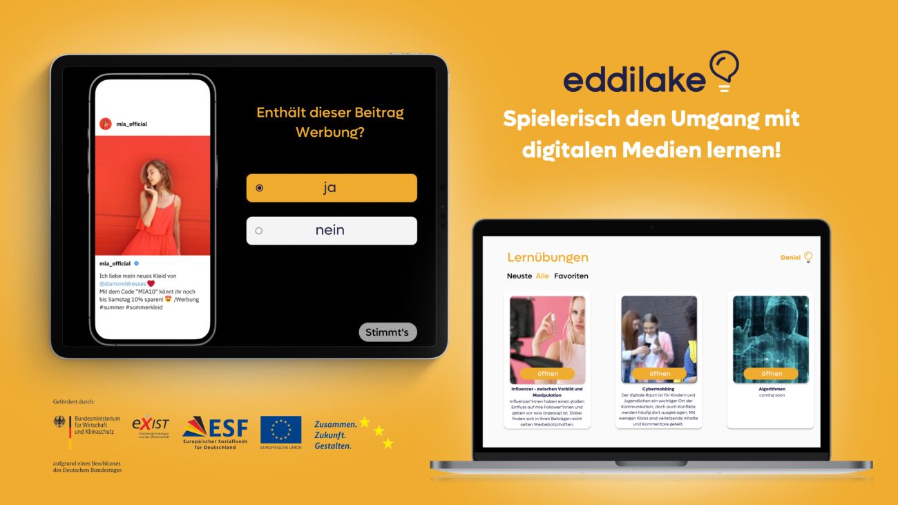 Screenshots der mobilen App eddilake mit dem Slogan "Spielerisch den Umgang mit digitalen Medien lernen"