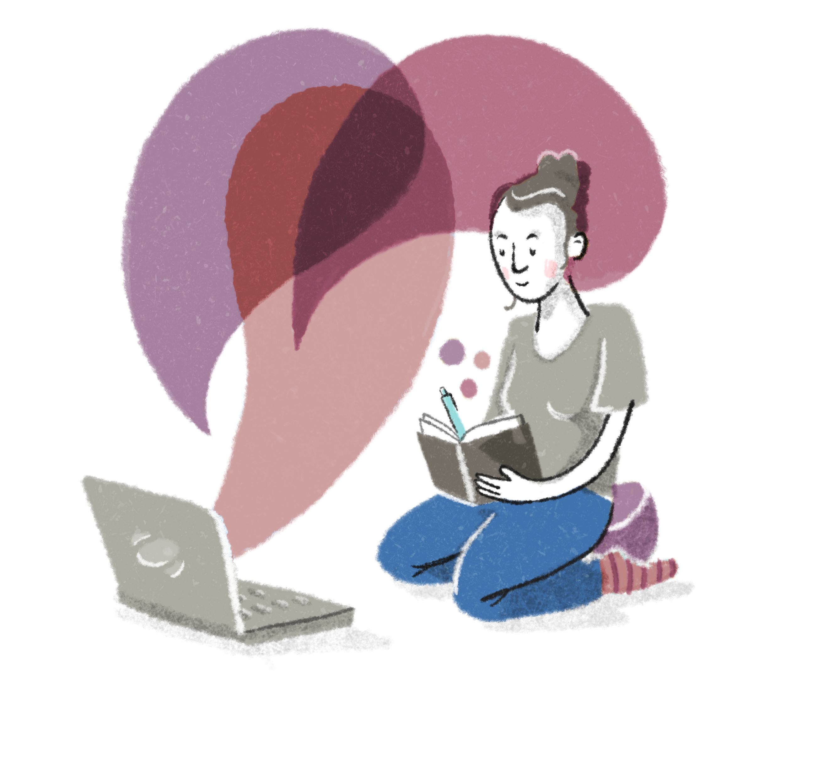 Eine Illustration zeigt eine Person, die vor einem Notebook kniet und in ein Buch schreibt