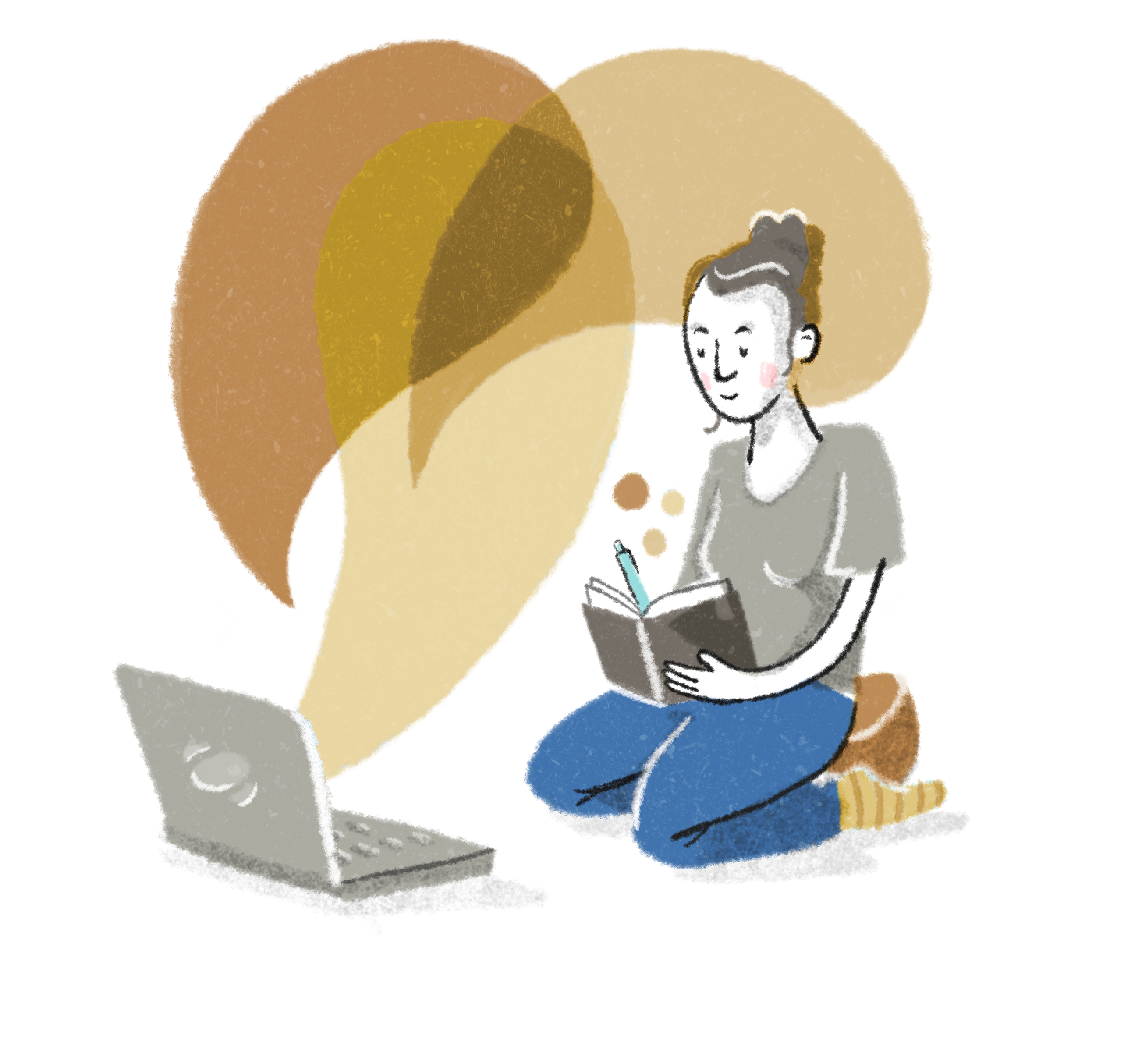 Eine Illustration zeigt eine Person, die vor einem Notebook kniet und in ein Buch schreibt