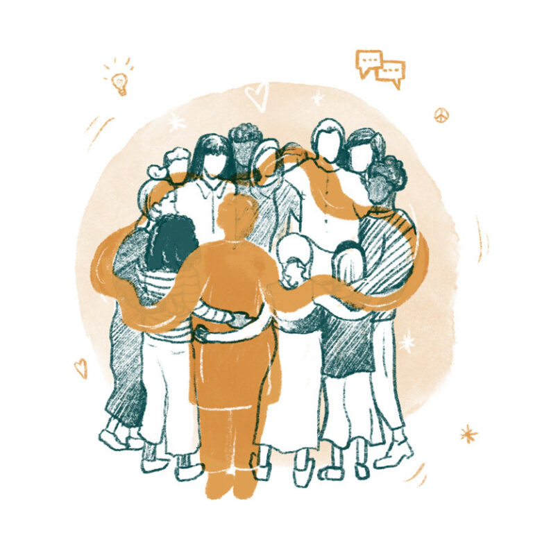 Illustration einer Gruppe, die sich in die Arme schließt und von einer orangenen Figur wie von gutem Community Management umschlungen wird