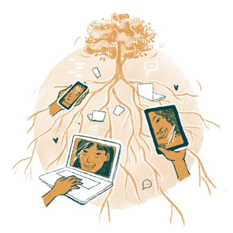 Illustration eines Baumes, der mehrere Endgeräte mit seinen Wurzeln verbindet wie ein soziales Netzwerk