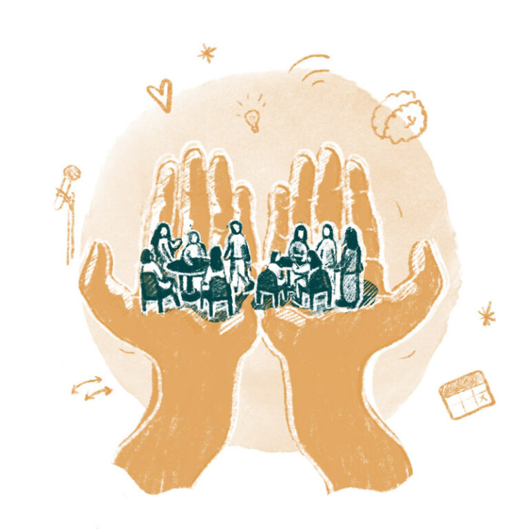 Illustration zweier Hände, die eine Gruppe bei einer Veranstaltung tragen