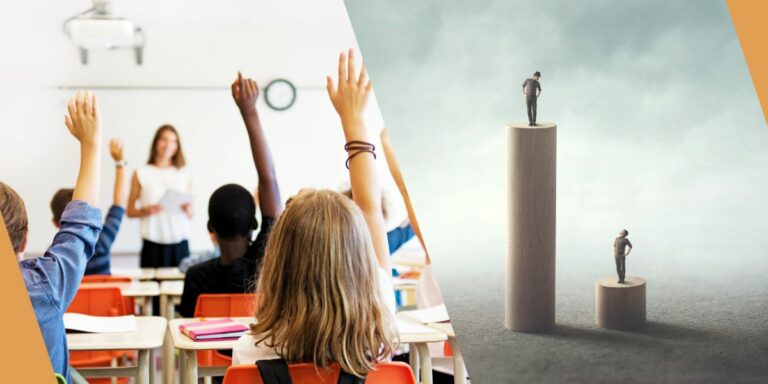 Titelbild zu Startchancen Konkret 3, Thema Bildungsgerechtigkeit. Links eine Schulklasse, rechts eine Illustration zu Ungleichheit