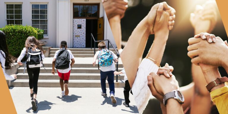 Startchancen Konkret 4 Titelbild, das links Kinder auf dem Weg zur Schule und rechts Hände zeigt, die sich gegenseitig halten