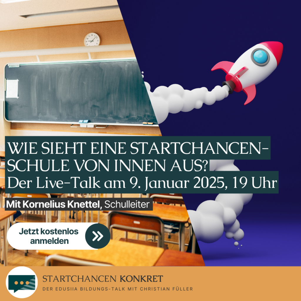 Ein geteiltes Bild mit einer Tafel im Klassenraum links und einer Rakete rechts. Davor der Text: STARTCHANCEN KONKRET #5: Wie sieht eine Startchancen-Schule von innen aus?