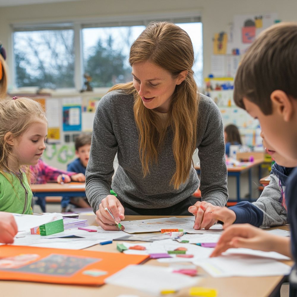 Eine Lehrerin erklärt lächelnd zwei kleinen Schüler:innen etwas